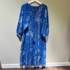 RO’S Garden ~Blue Floral Cotton 3/4 Sleeve Ruffle Tiered Midi Dress in size XL
